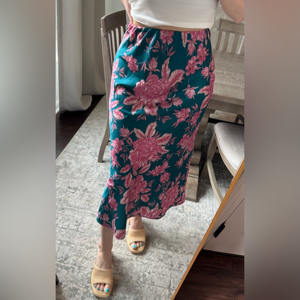 Floral Teal and Pink Midi Skirt - Picture 8 of 14